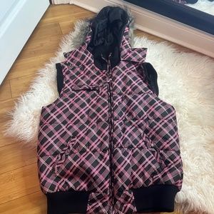 Neu Look Pink and Black Coat Vest with faux fur hood Size XL